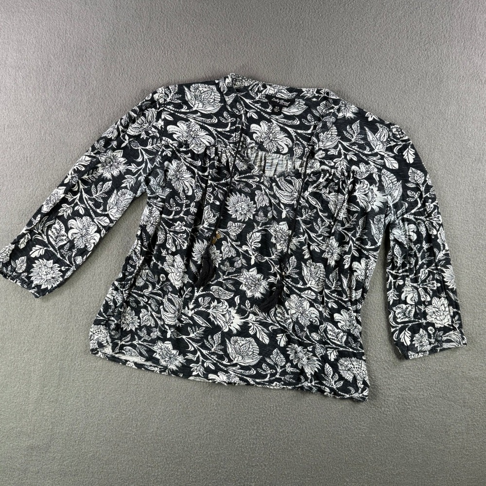 Lucky Brand Top Women XS Floral Print Tassel Tie 3/4 Sleeve Shirt Blouse Black‎ - Picture 2 of 9